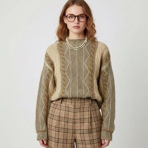 The Limited Women's Cable Knit Sweater - Green and Cream Vintage 90’s